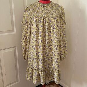 Boho Floral Smocked Ruffled Babydoll Long Sleeve Mini Dress